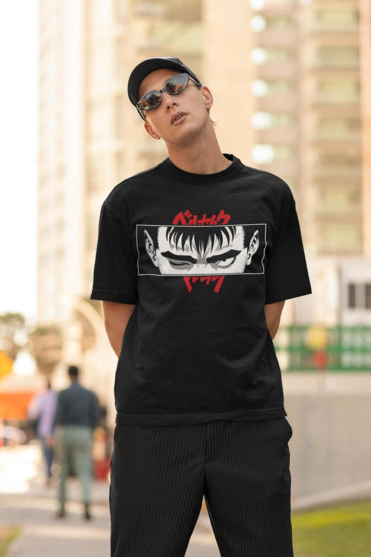 3D TRIBE | Guts Unleashed: The Visage of Berserk Anime | 100% Cotton | Oversized FIT | Round Neck | Half Sleeves | Oversized T Shirt