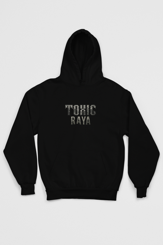 Black hoodie with graphic designs on the front and back on a white background