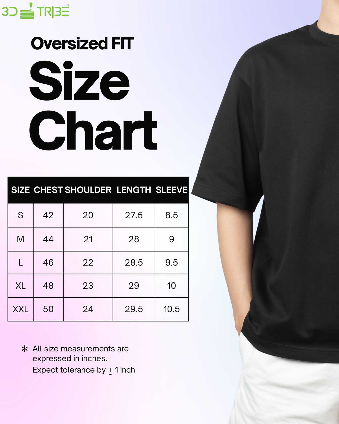 Black t-shirt with size chart on a light purple background