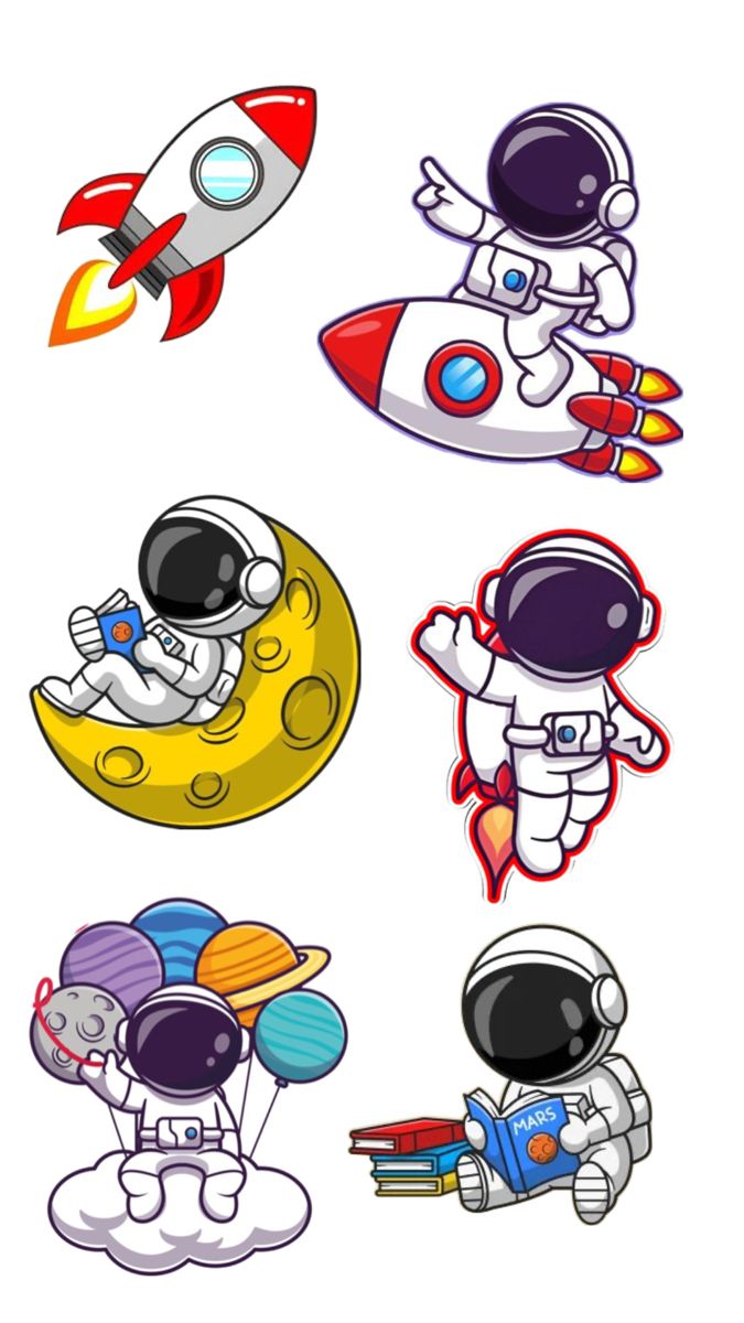 Set of cartoon-style space-themed stickers featuring astronauts, a rocket, and a planet.
