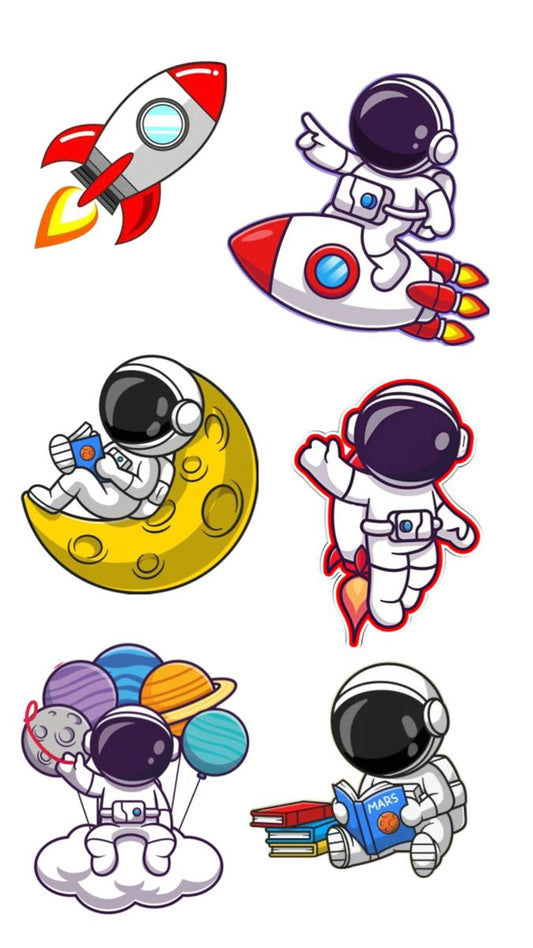 Set of cartoon-style space-themed stickers featuring astronauts, a rocket, and a planet.