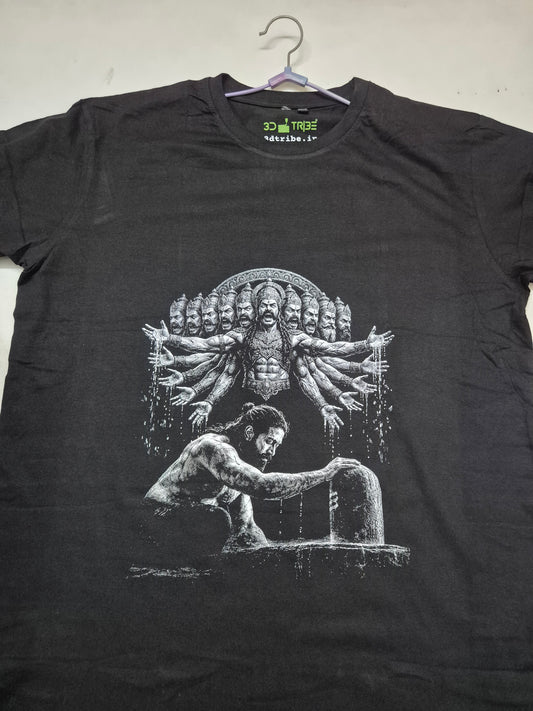 Black t-shirt with white graphic design on a hanger against a white background