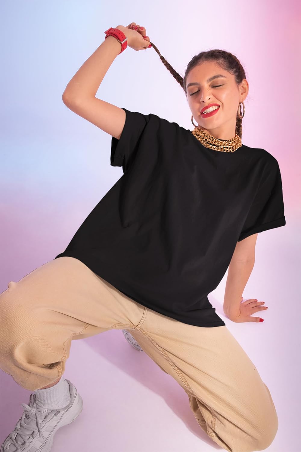 3D TRIBE | Plain | 100% Cotton | Oversized FIT | Round Neck | Half Sleeves | Black Oversized T Shirt