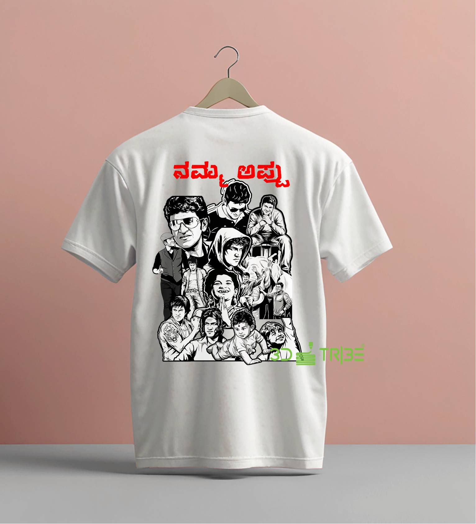 White t-shirt with red text on front and black and white graphic on back, displayed on hangers against a pink background.