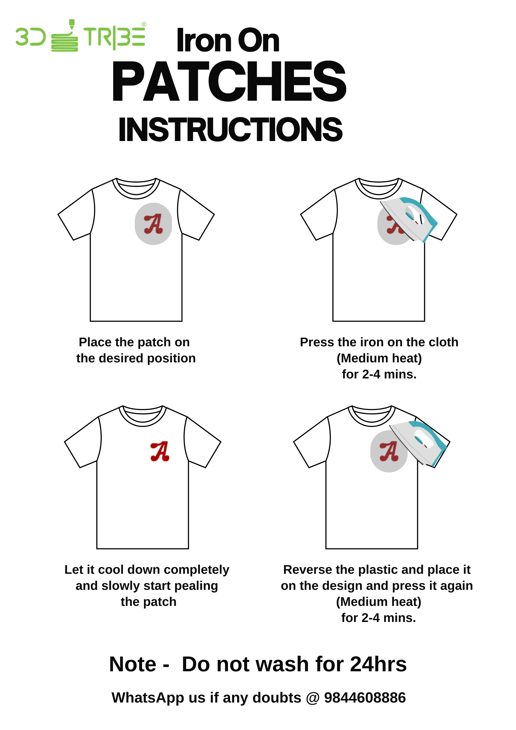 Instructions for iron-on patches on a white background with 3D Tribe branding.