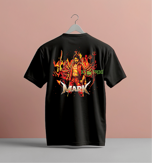 Black t-shirt with 'MARK' branding on a pink background