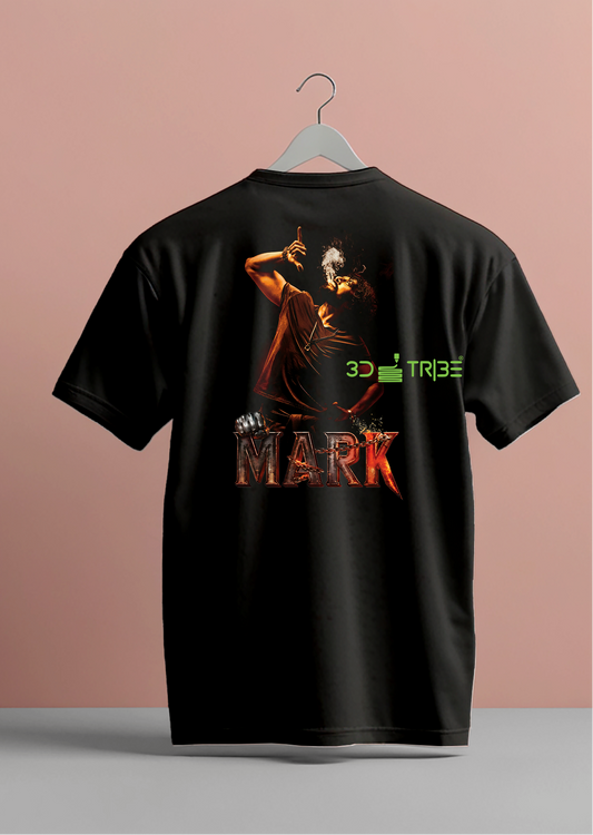 Black t-shirt with 'MARK' branding on a pink background