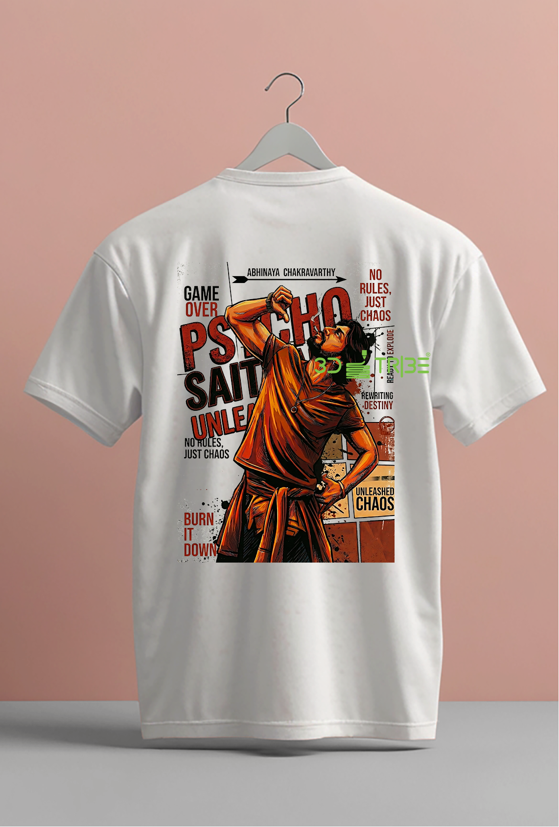 White t-shirt with graphic design on a pink background