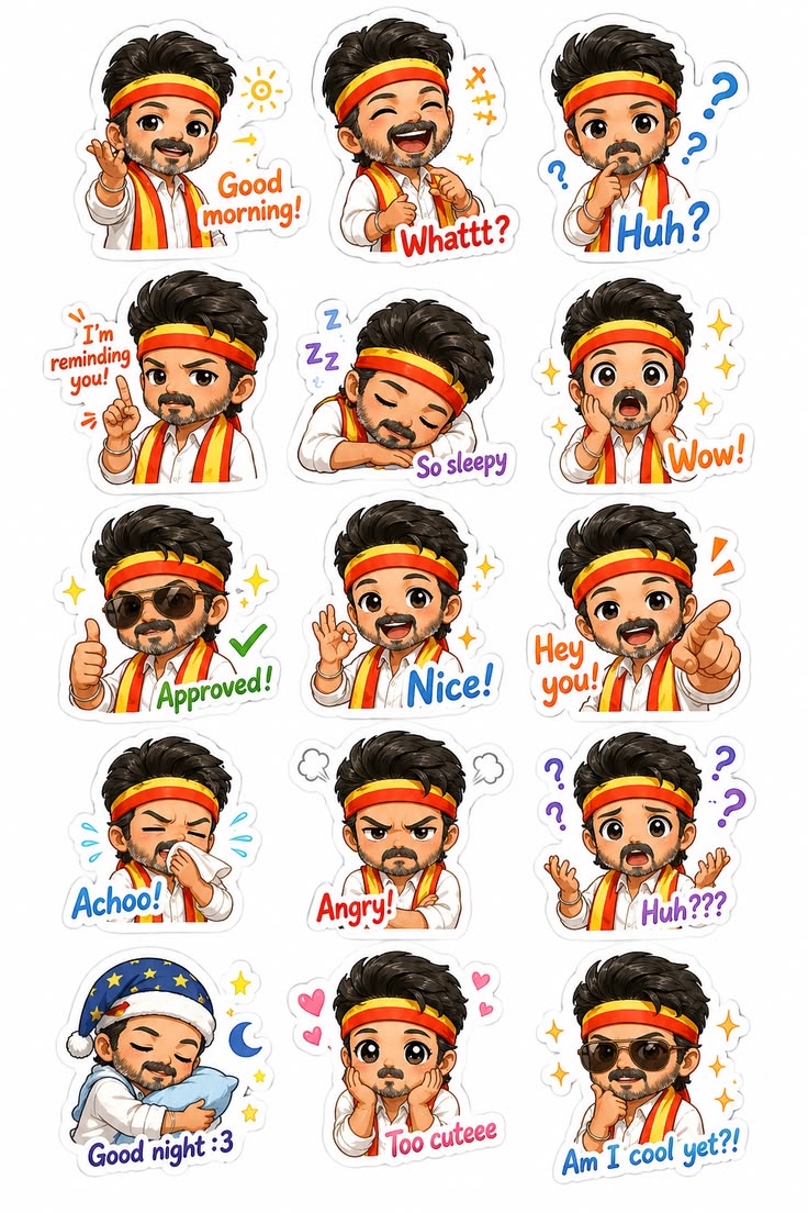 Set of animated stickers with a character expressing various emotions and phrases.