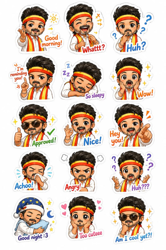 Set of animated stickers with a character expressing various emotions and phrases.