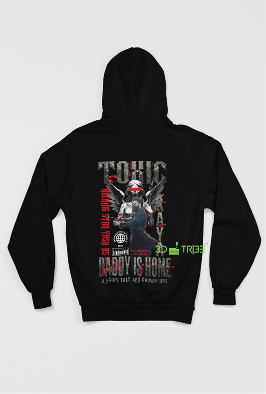 Black hoodie with graphic designs on the front and back on a white background