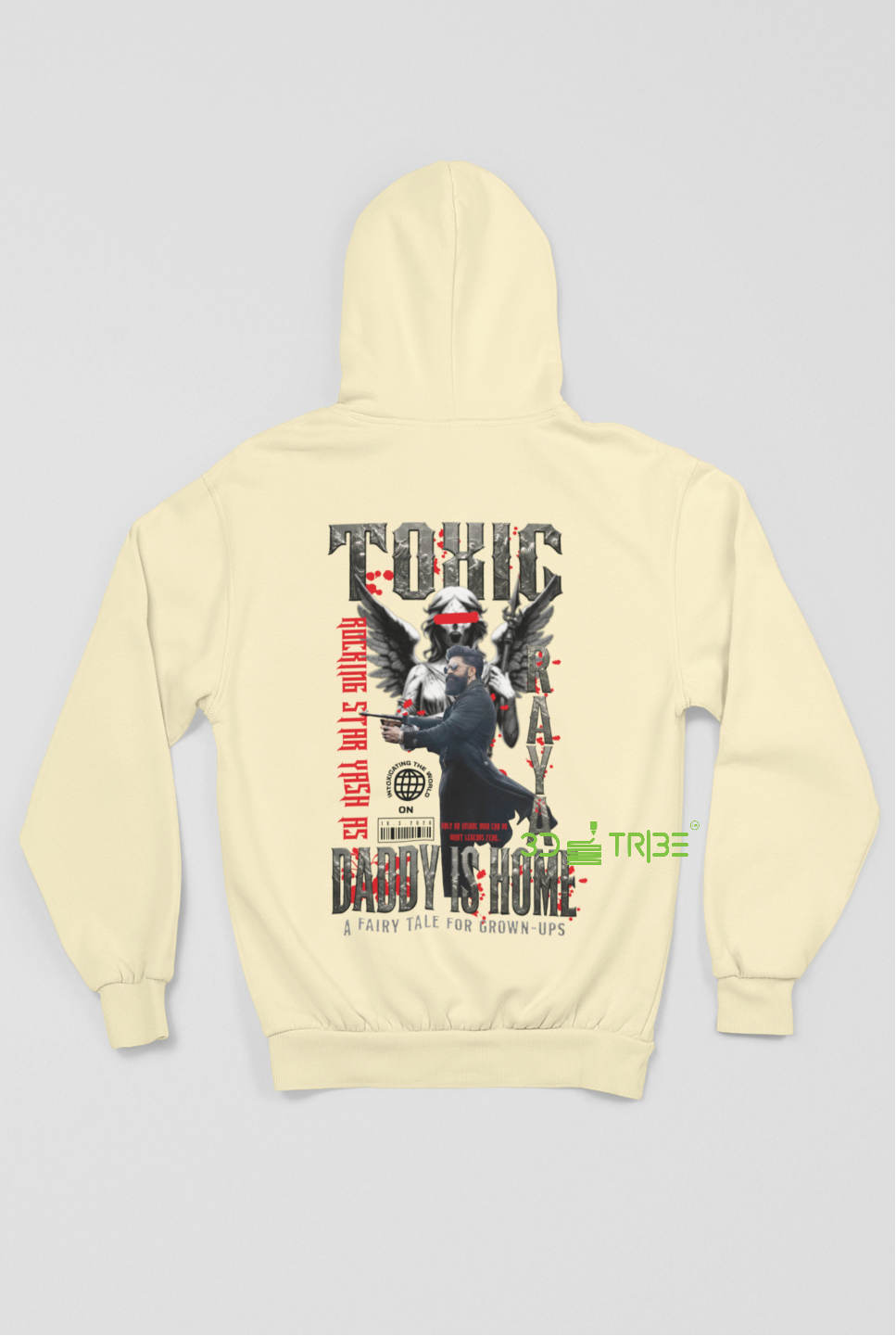 Beige hoodie with 'Toxic Raya' text on the front and graphic design on the back.