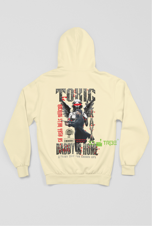 Beige hoodie with 'Toxic Raya' text on the front and graphic design on the back.