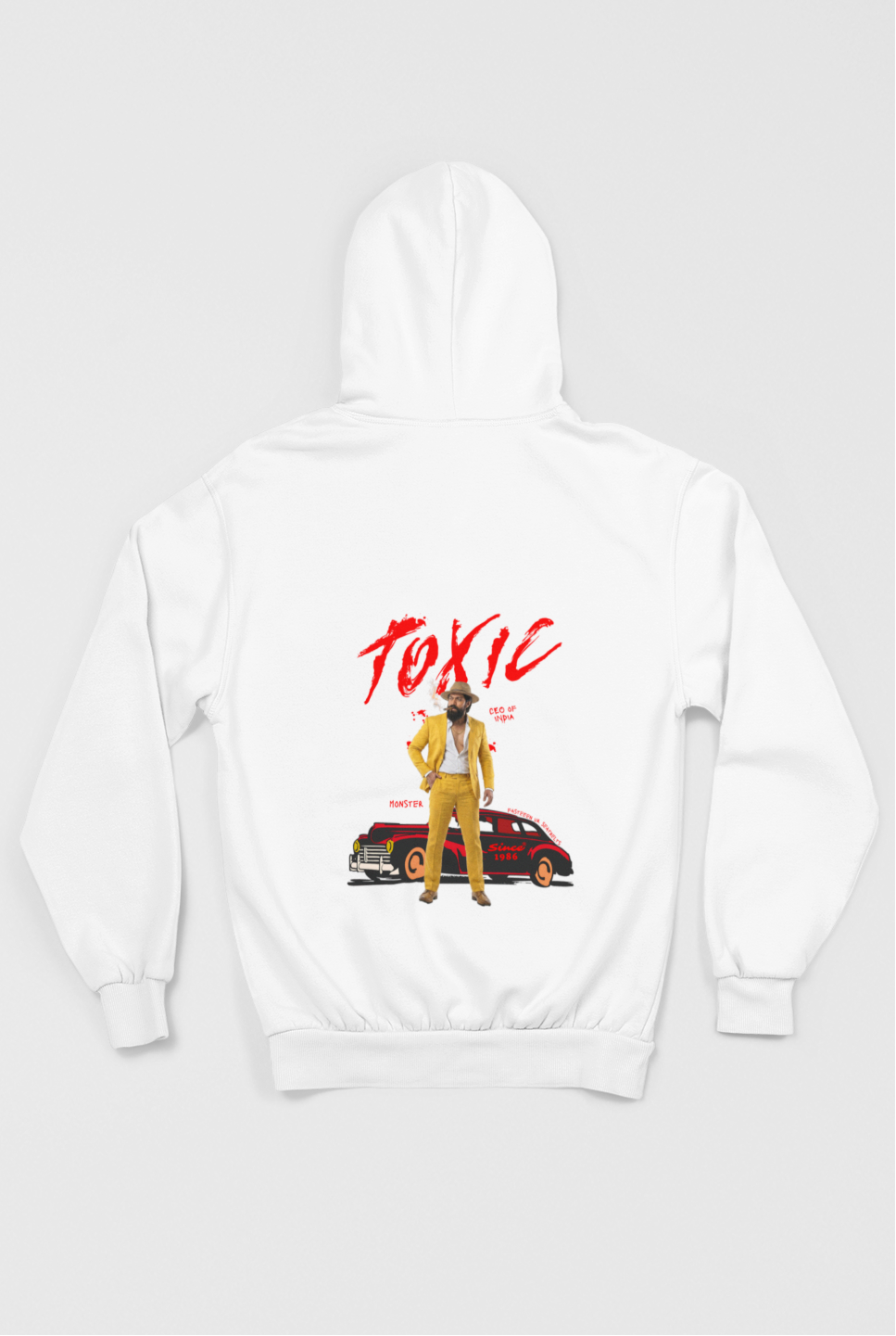 White hoodie with 'Rocky' text on front and 'Toxic' graphic on back, displayed on a white background.