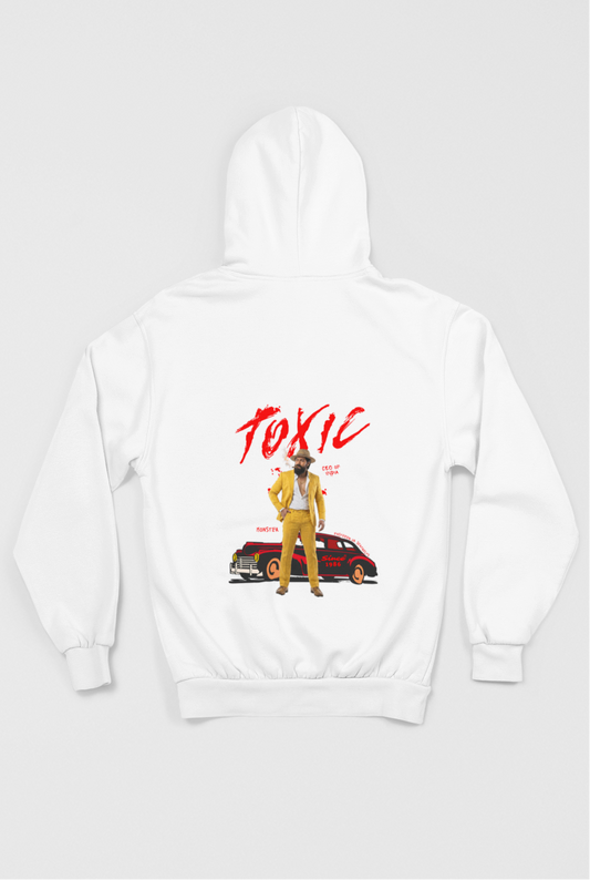 White hoodie with 'Rocky' text on front and 'Toxic' graphic on back, displayed on a white background.