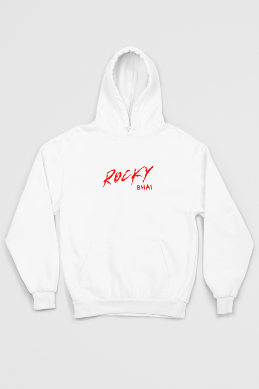 White hoodie with 'Rocky' text on front and 'Toxic' graphic on back, displayed on a white background.