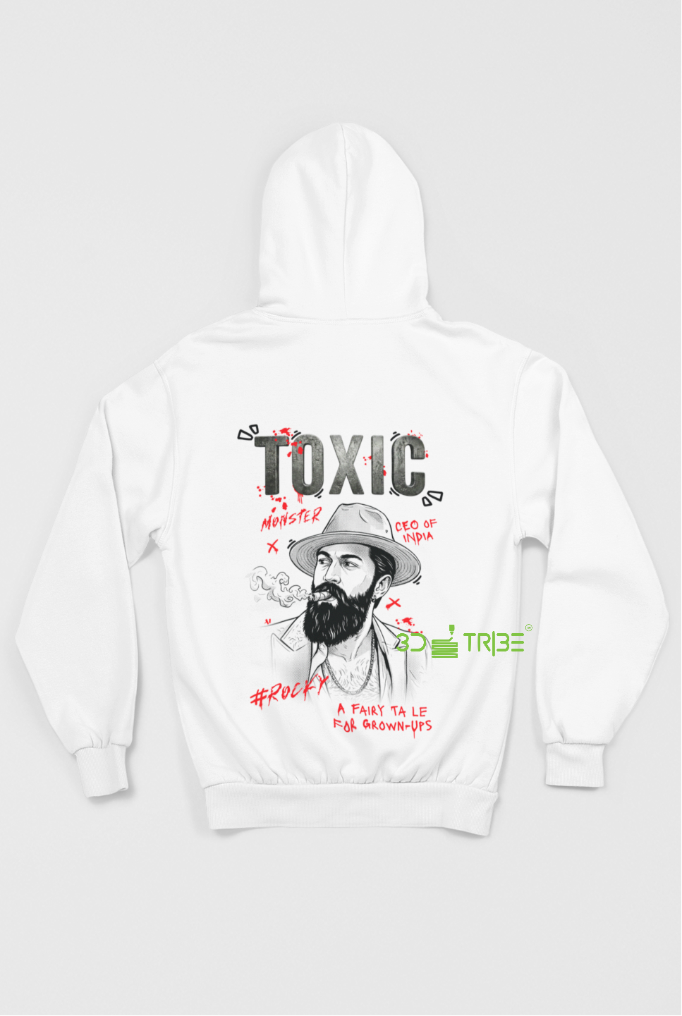 White hoodie with 'Rocky' text on front and graphic design on back, on a light gray background