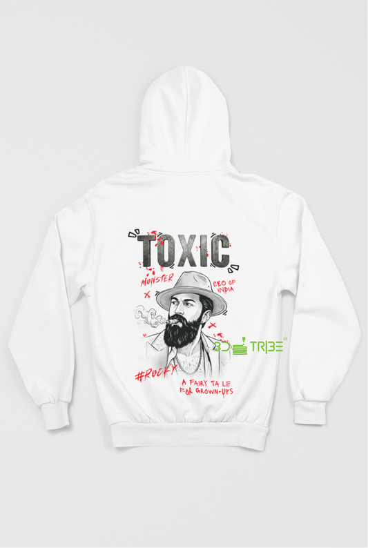 White hoodie with 'Rocky' text on front and graphic design on back, on a light gray background