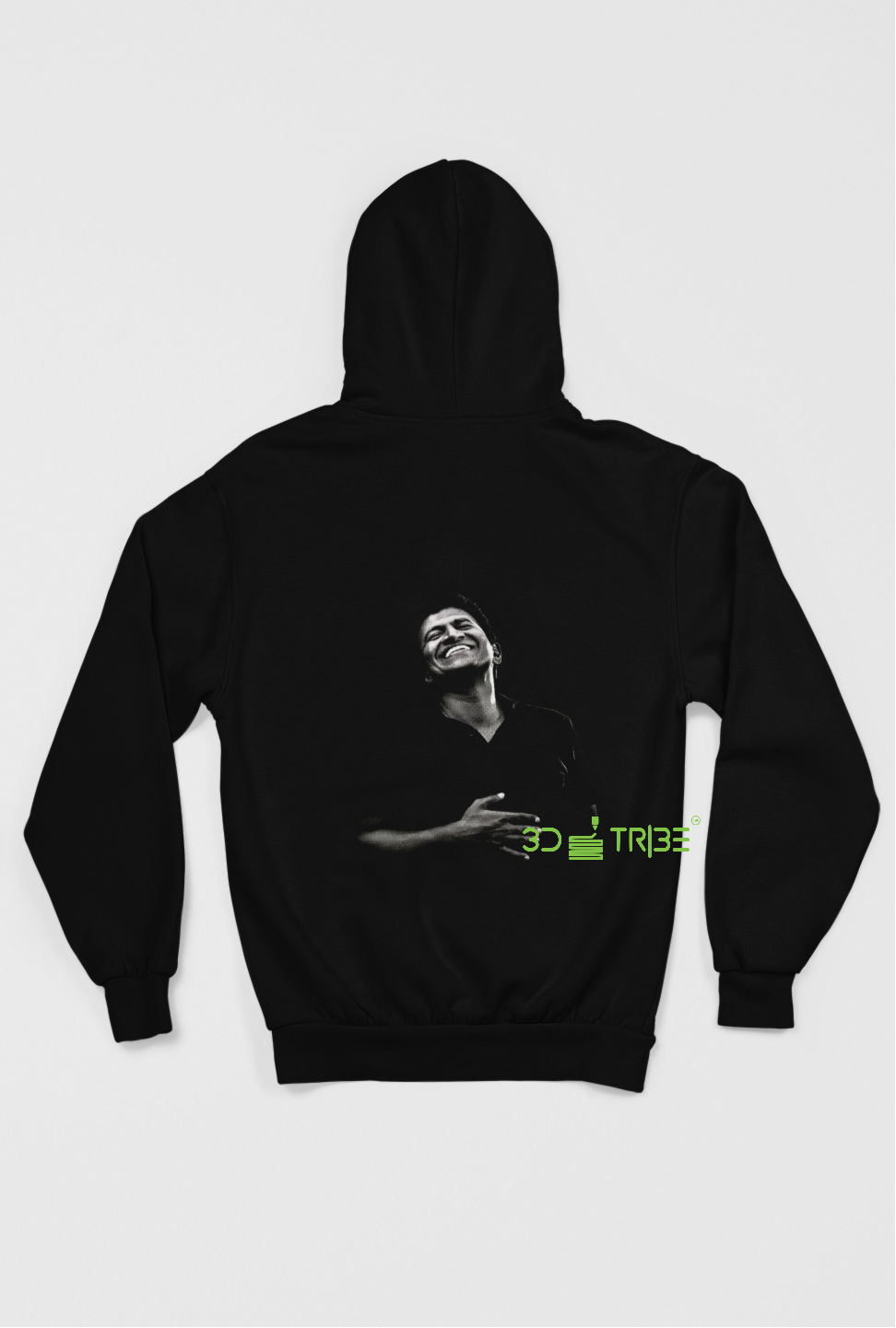 Black hoodie with red logo on front and green text on back, displayed on a white background.