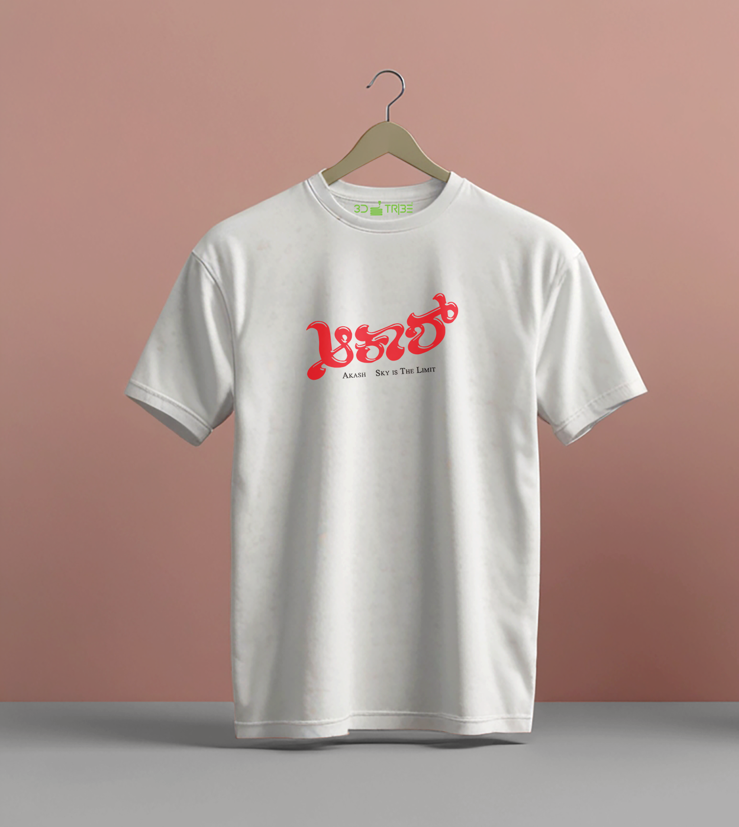 White t-shirt with red and black graphics on a pink background